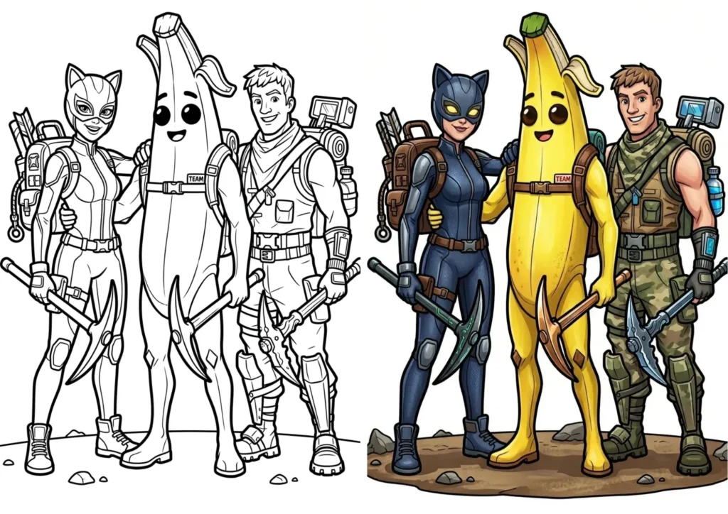 Peely the Banana Fortnite coloring page partially colored preview for ages 13+